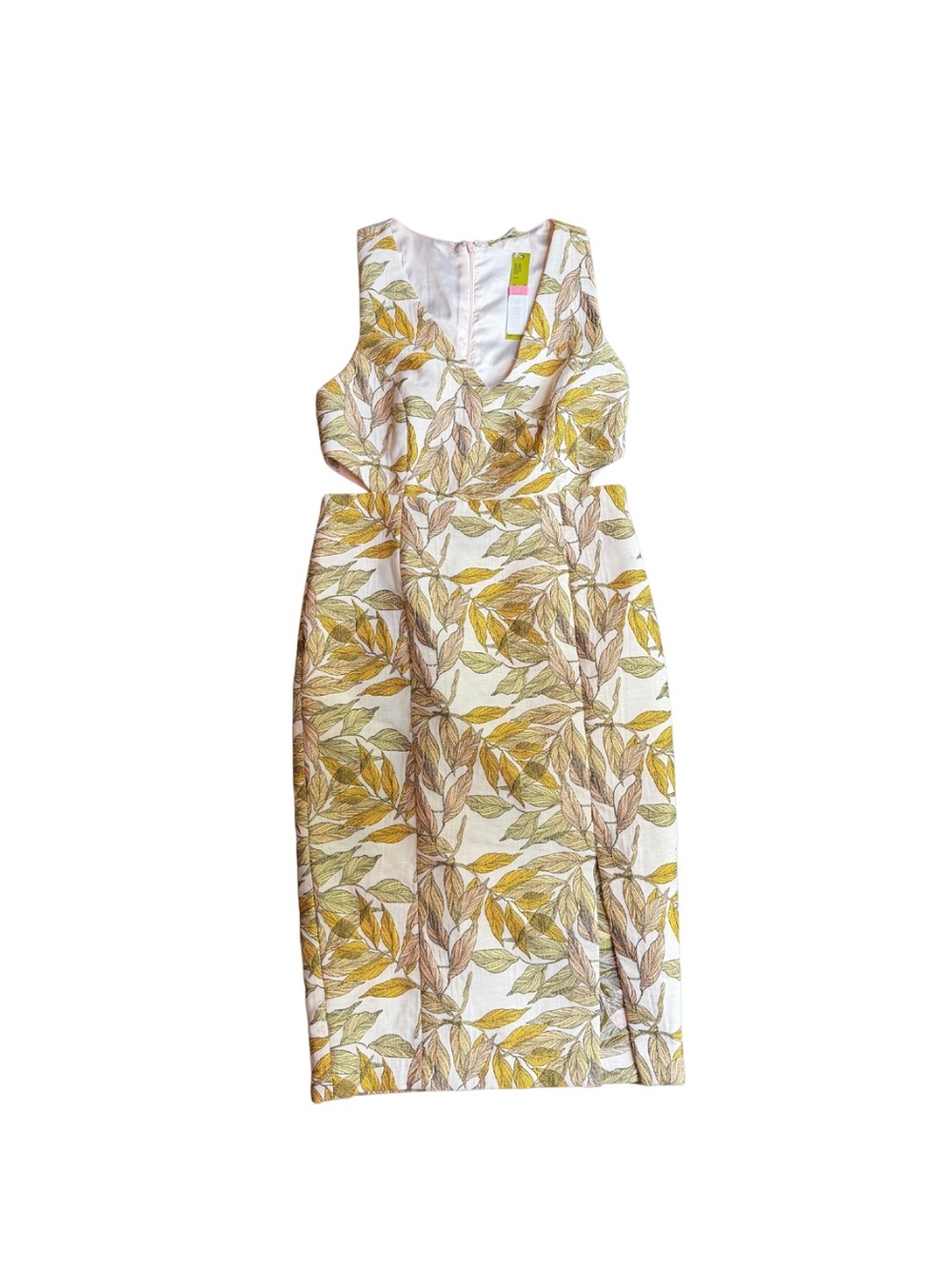 Gianni Bini White Midi Dress with Yellow & Tan Leaf Print